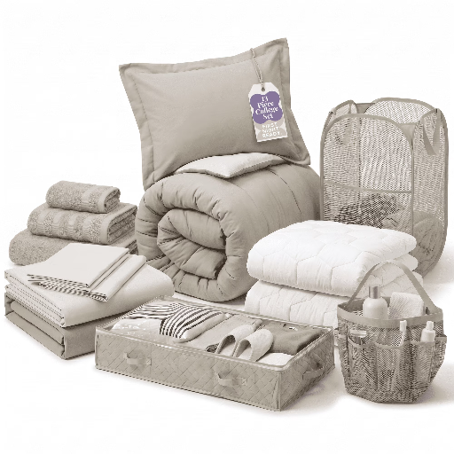 Virtu 13-Piece Twin XL Bed-in-a-Bag Dorm Bedding & Essentials Set (Linen)