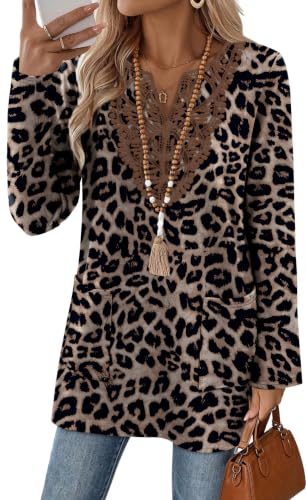 WIHOLL Boho Lace V Neck Long Sleeve Tops w/ Pockets