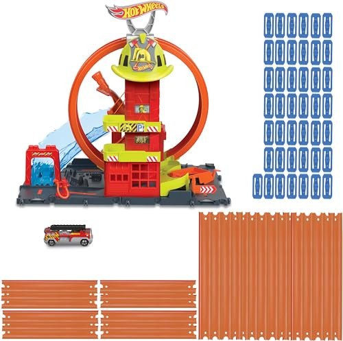 Hot Wheels City Super Loop Fire Station & Firetruck + Track Builder Set