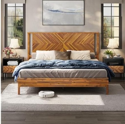Bme Vivian 14 Inch Deluxe Bed Frame with Headboard (King, Rustic Golden Brown)