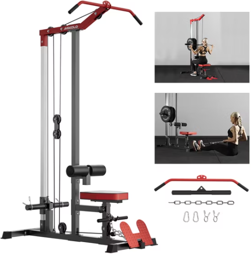 Mikolo LAT Pulldown Machine Multifunction Cable Workout Equipment with Footplate and Plate Storage