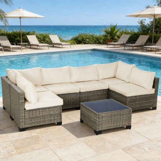 Latitude Run 7-Piece Rattan Outdoor Sectional Seating Group with Cushions
