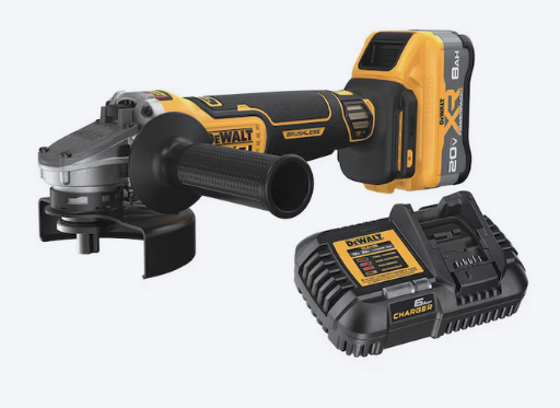 DEWALT XR 4.5-in 20V Paddle Switch Brushless Angle Grinder with TWO 8.0 Powerpack Batteries