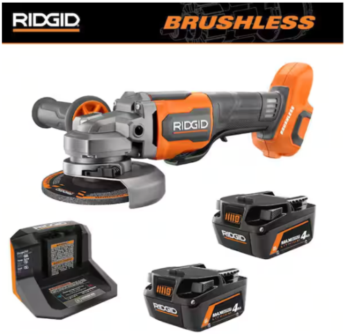 RIDGID 18V Brushless 4-1/2in. Angle Grinder with (2) 4.0 Ah MAX Output Batteries and Charger