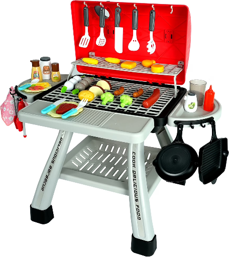 Easy Playhouse Two Layer BBQ Grill Toy Playset w/ Light & Sound, Realistic Smoke, Food & Cooking Accessories