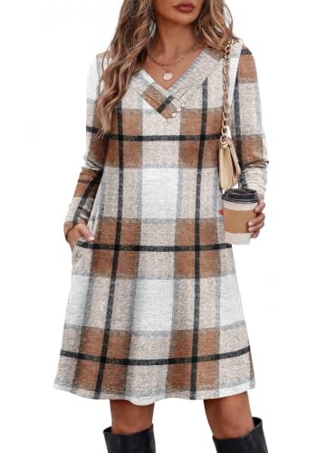 OFEEFAN Long Sleeve Dress Tunic Button V Neck Dress Deal