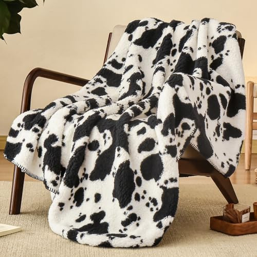 PHF Cow Print Sherpa Blanket Throw 50"x60"