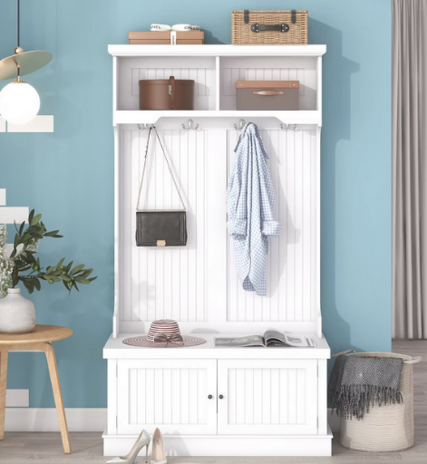 Modern Hall Tree With Storage Shoe Bench 4 Hooks