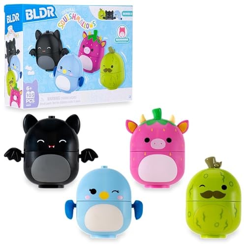 BLDR Squishmallows Buildable Figure - Emily The Bat, Bebe The Bluebird, Cleary The Strawberry Cow, Charles The Pickle, 6+