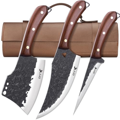 PCS Forged Butcher Axe Knife Set with Leather Roll Bag