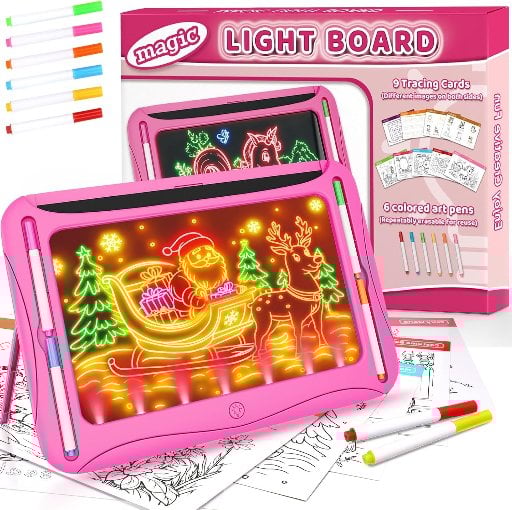 Kid’s Magic LED Glow-in-the-Dark Light-Up Tracing Pad with 9 Dual-Sided Cards and 6 Markers