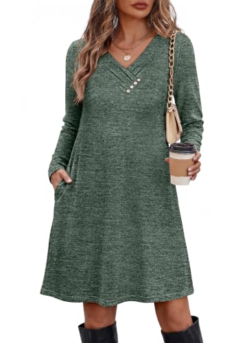 OFEEFAN Long Sleeve Tunic Button V Neck Dress Deal