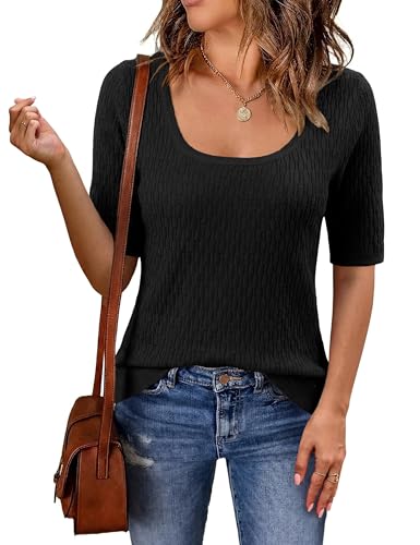 Short Sleeve Square Neck Textured Knitted Pullover Sweater