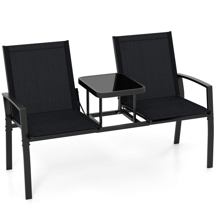 Costway Patio Black Fabric Loveseat with Built-in Tempered Glass Table