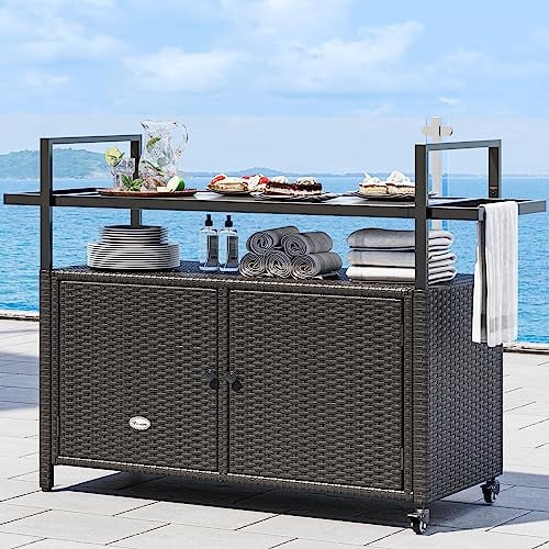 YITAHOME Large Outdoor Kitchen Wicker Island Rolling Cart