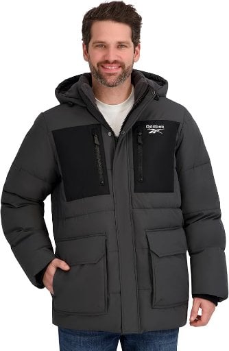 Reebok Mens Puffer Parka Heavyweight Jacket, Charcoal, Size M Deal