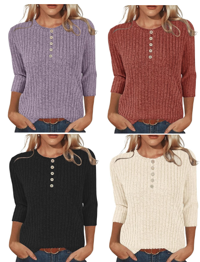 VUTRU 3/4 Sleeve Henley Sweaters for Women