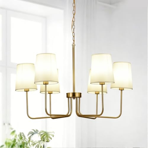 Brushed Gold Farmhouse Chandelier with White Fabric Shades Deal