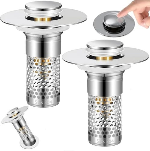 Bathroom Sink Drain Strainer 2 Pack with Pop-Up Drain