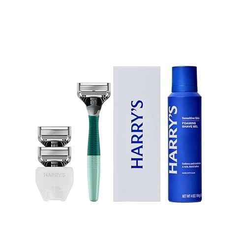 Harry's Original Shaving Kit for Men, Razor Handle, 3 Blade Refills, Shave Gel, Travel Blade Cover - Sage