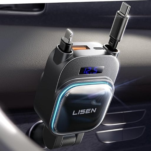 (Prime Deal) LISEN 96W 4-in-1 Retractable Car Charger w/ USB-C & Lightning Cables, USB-C PD & USB-A Ports Deal