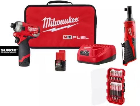 Milwaukee M12 FUEL SURGE 1/4 in. Hex Impact Kit + (2) 2.0Ah Batteries, Bag & M12 Ratchet w/ 28-Pc SHOCKWAVE Set Deal