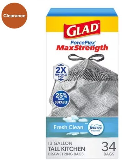 Glad MaxStrength Drawstring Odor Shield Tall Kitchen Trash Bags Febreze Fresh Clean 13 Gallon 34 Count Deal