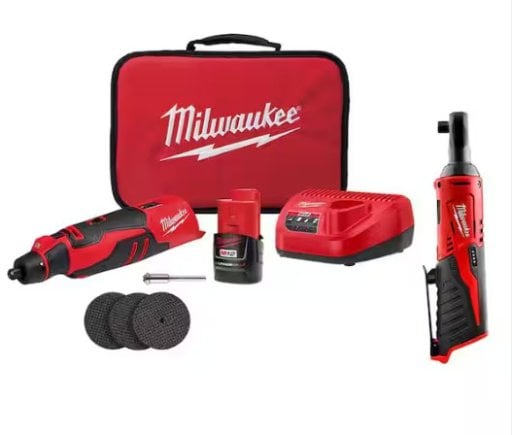 Milwaukee M12 12V Lithium-Ion Cordless Brushless Rotary Tool Kit with M12 12V Lithium-Ion Cordless 3/8 in. Ratchet Deal