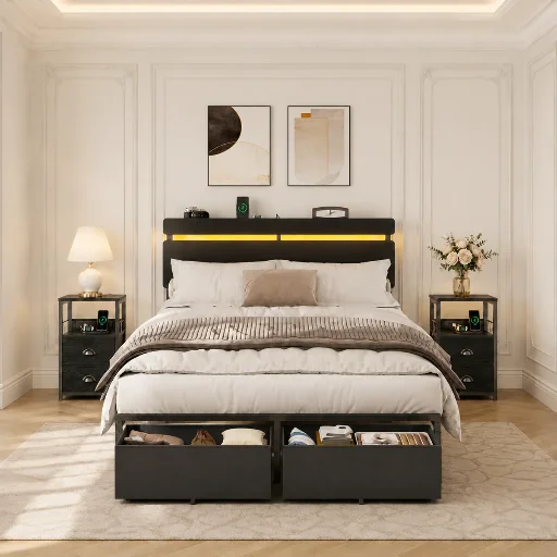 Wrought Studio 3-piece Bedroom Sets (Bedframe + 2 Night Stands), Black - Queen Deal