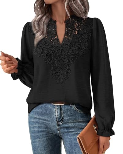 WIHOLL Tops Lace Long Sleeve V Neck Deal