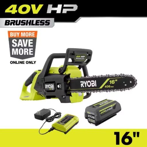 RYOBI 40V HP Brushless 16 in. Battery Chainsaw with 4.0 Ah Battery and Charger