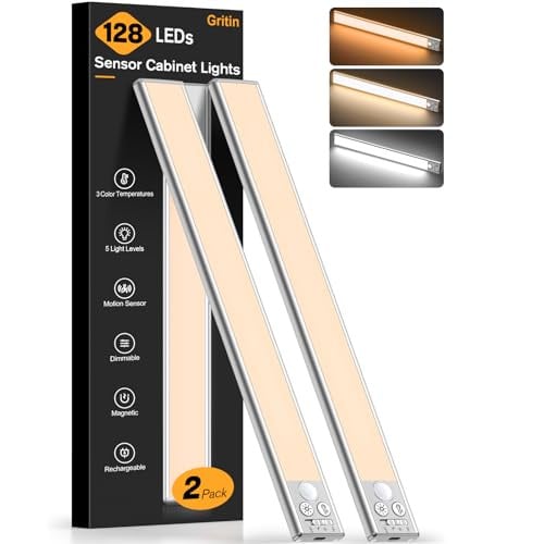 Gritin 14.7" 200Lm USB-C Rechargeable Motion Sensor Under Cabinet Lights 2-Pack Deal