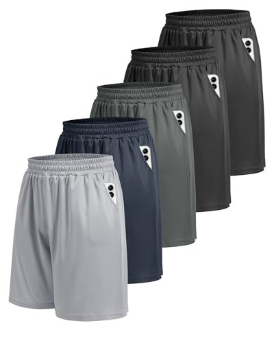 5-Pack Athletic Gym Mens Shorts w/ Pockets Large
