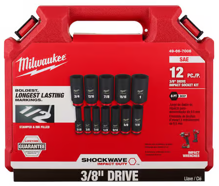 Milwaukee Shockwave 3/8 in. drive SAE 6 Point Square Deep Socket Set 12 pc