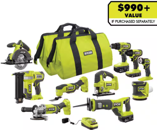 RYOBI ONE+ 18V Cordless 10-Tool Combo Kit with 3 Batteries and Charger