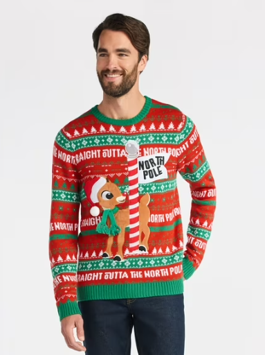 Rudolph The Red-Nosed Reindeer Men's North Pole Christmas Sweater, Midweight, Sizes L-3XL