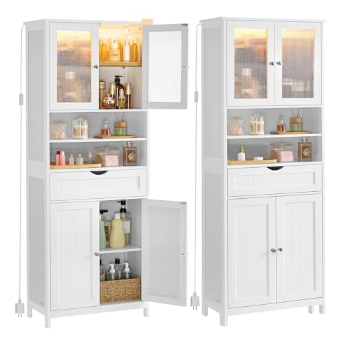 VASAGLE Storage Cabinet with LED Lights, Freestanding, Open Compartments