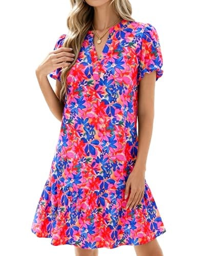 Women's Puffy Sleeve V-Neck Loose Floral Print A Line Boho Mini Babydoll Dress Deal