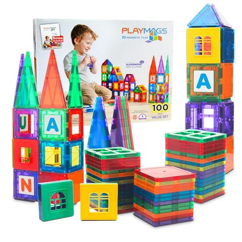 Playmags 100-Piece 3D Magnetic Tiles Building Blocks Set