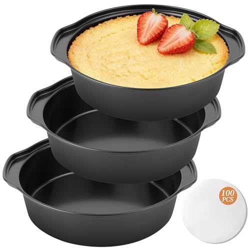 BEWOS 3-Pack 6" Nonstick Carbon Steel Cake Pans w/ Handles + 100-Count Parchment Paper