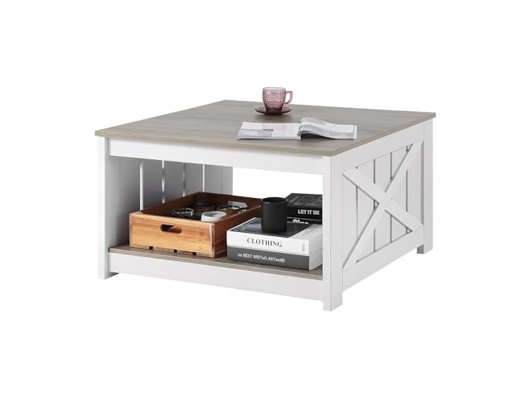 VEVOR 31.5" Square Farmhouse Coffee Table w/ Open Storage (Grey & White) Deal