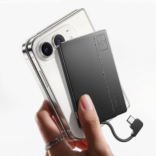 5000mAh Lisen 0.2" Ultra-Slim Portable Charger & Power Bank with Built-In USB-C Cable (Black)