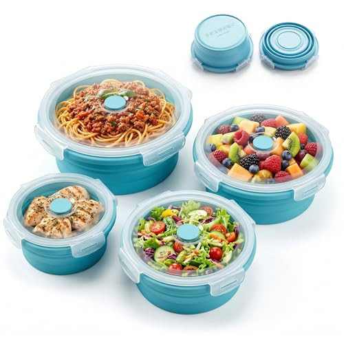 Yubng Silicone Space Saving Collapsible Meal Prep Containers w/ Lids (Sky Blue) 4-Pack Deal