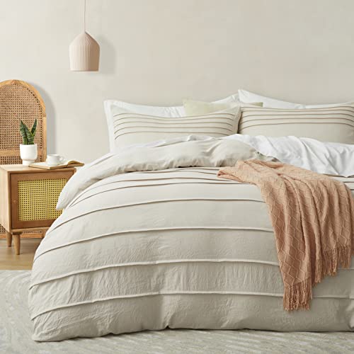 Oli Anderson 3PCS Pleated Duvet Cover Set, Beige, Queen