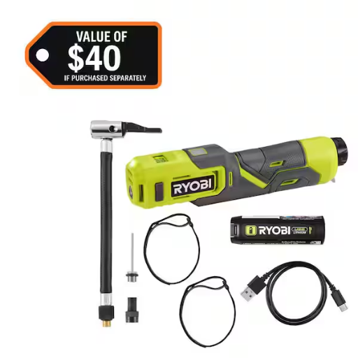 Ryobi USB Lithium Cordless Bike and Ball Pump Inflator Kit with 2.0 Ah USB Lithium Battery