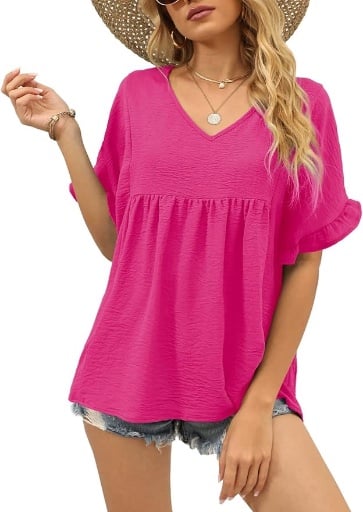 WIHOLL  V Neck Ruffle Sleeve Babydoll Loose Fit Tops Deal