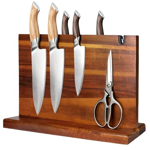 Didforu Natural Acacia Wood Magnetic Knife Holder Block w/ Built-In Sharpener