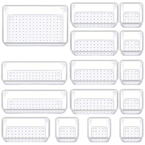 Manalete Drawer Organizers Set of 15, 4 Sizes Clear Plastic