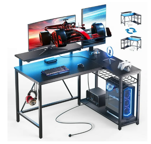 Bestier 42" Reversible L-Shaped Gaming Desk w/ Power Outlets, LED Lights, & Adjustable Shelves (Carbon Fiber Black)