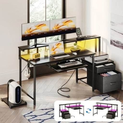 55 Inch Reversible Gaming Desk with Power Outlets and LED Light